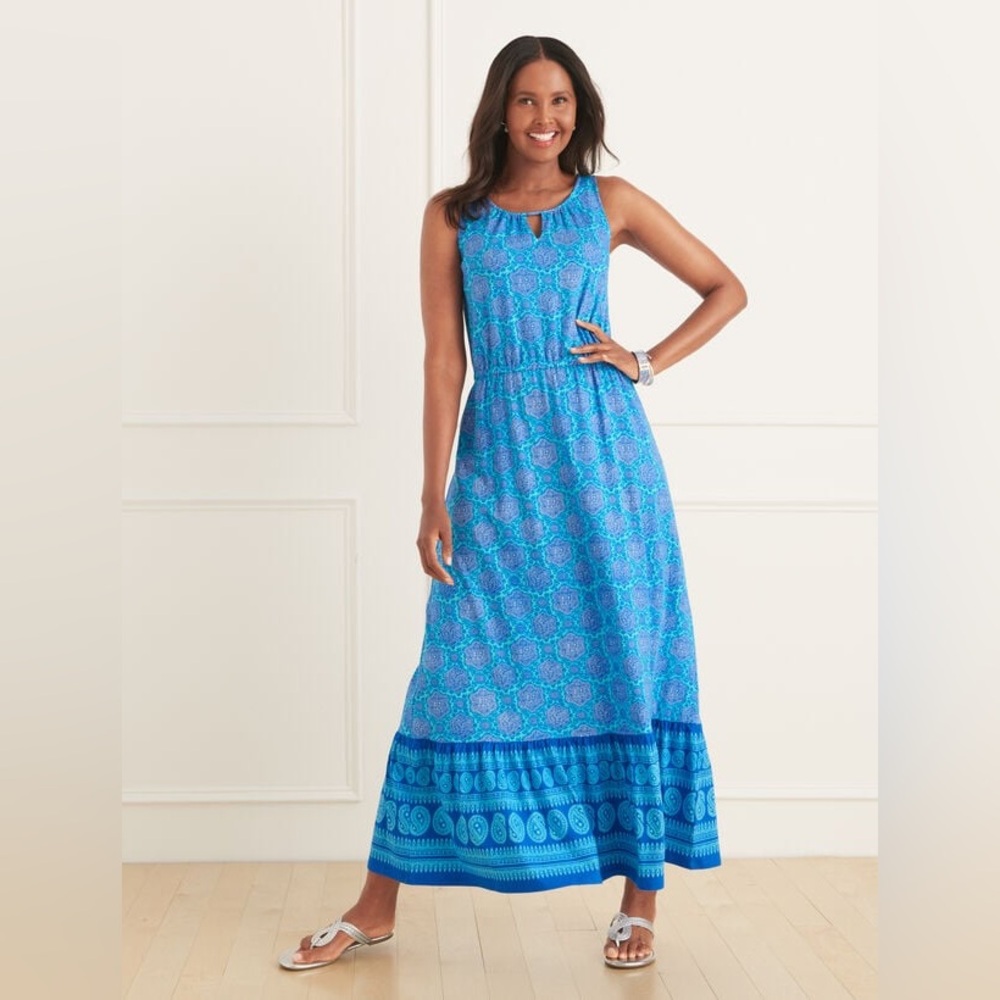 Talbots Boho Maxi Dress Blue White Paisley Sleeveless